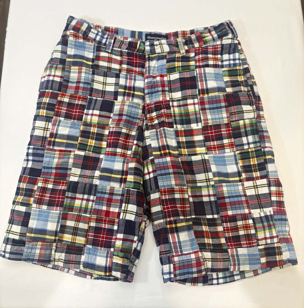 Abercrombie & Fitch Men's Plaid Chino Shorts 32 Multicolor Cotton Flat Front